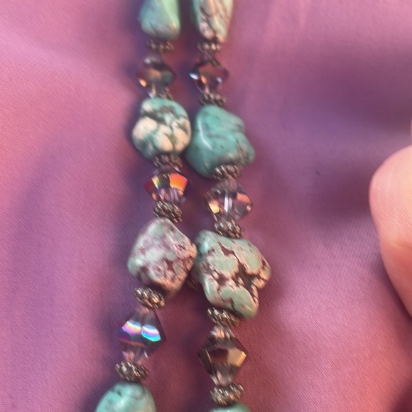 SILVER TONE cross choker necklace shimmering black clear turquoise beads - Picture 5 of 10